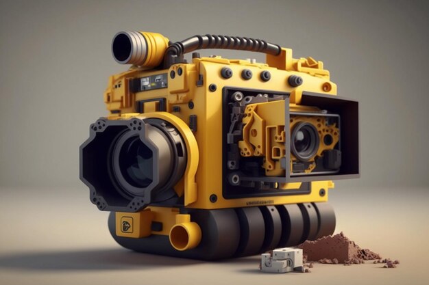 yellow video camera on gray background with copy space