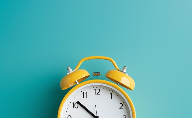 Yellow vintage alarm clock on green color background