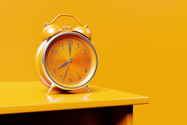 An yellow vintage alarm clock standing on the floor with a bright yellow background 3d render illustration