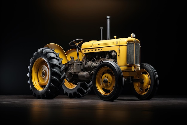 A yellow vintage tractor isolated on a black background