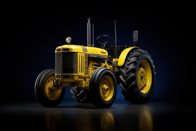 A yellow vintage tractor isolated on a black background