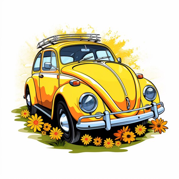 yellow vw bug with a surfboard on top of it generative ai