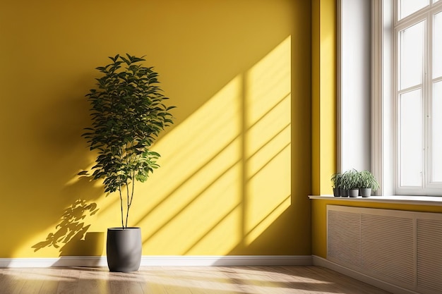 Yellow wall empty room with plants on a floor