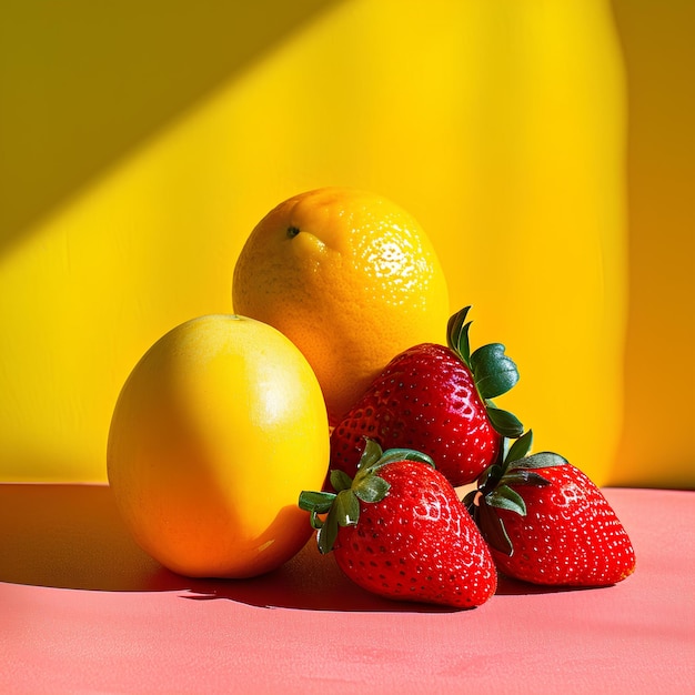 A yellow wall behind the fruit