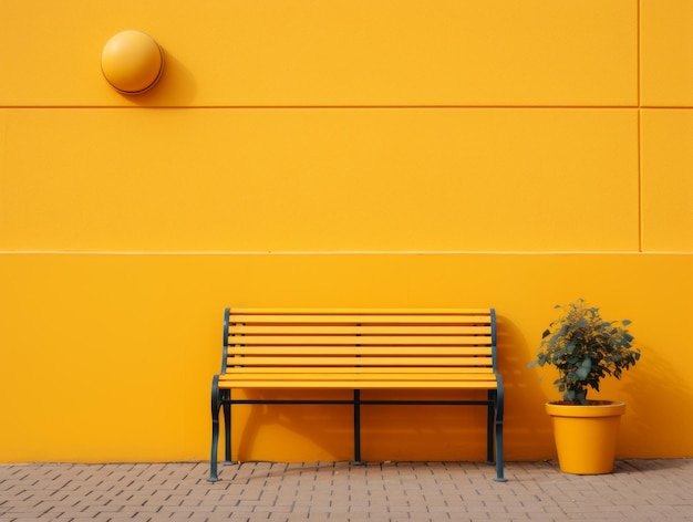 A yellow wall with a bench sitting in front of it