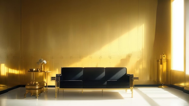 A yellow wall with a black couch and a gold lamp.