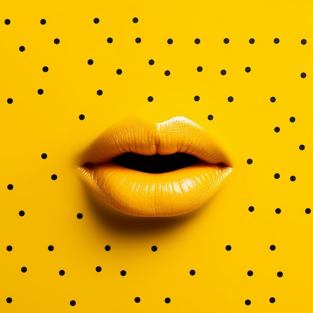 A yellow wall with a black dot pattern and a lip with a mouth and lips