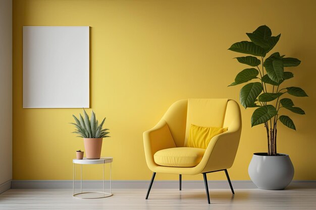 Yellow wall with blank space in a living room with a yellow armchair table houseplant and light