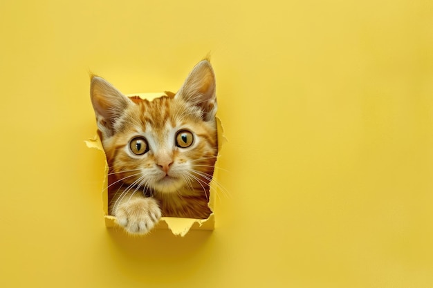 Foto un muro giallo con un gatto che lo guarda fuori