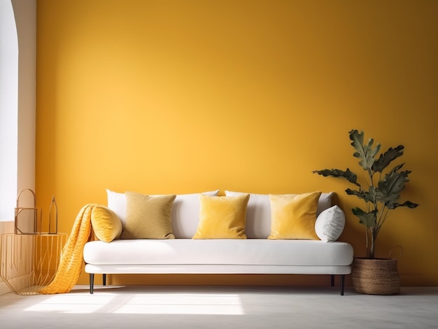 A yellow wall with a couch and a plant on it