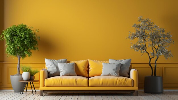 a yellow wall with a couch and a yellow wall with the words quot quot on it