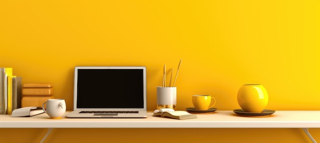 A yellow wall with a laptop and a cup of coffee on it.