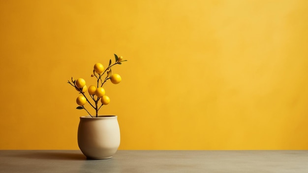 A yellow wall with a lemon tree in it