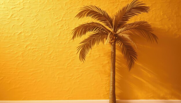 A yellow wall with a palm tree in the foreground