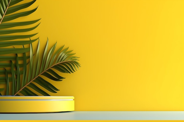 A yellow wall with a plant and a box with a green leaf.