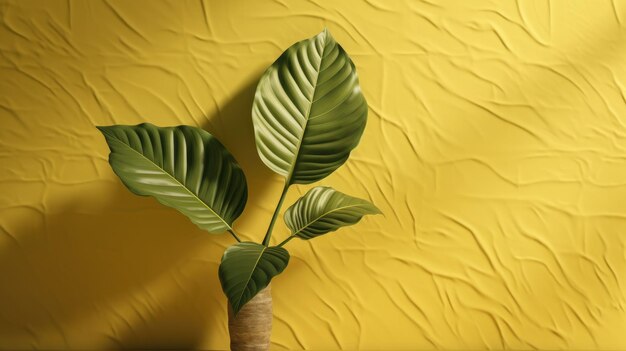 A yellow wall with a plant in it