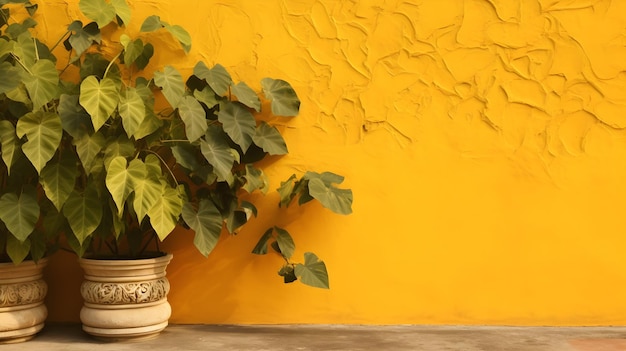 A yellow wall with a plant in it