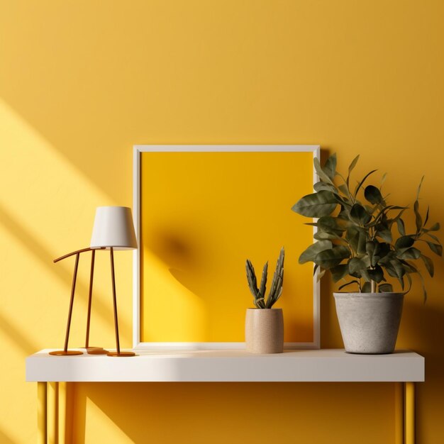 A yellow wall with a plant and a lamp on it