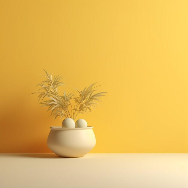 a yellow wall with a pot with eggs in it