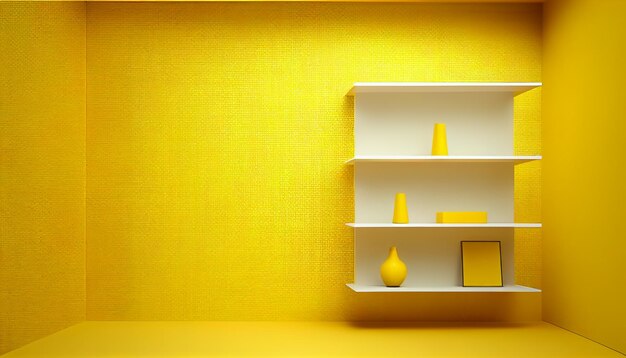 A yellow wall with a shelf copy space