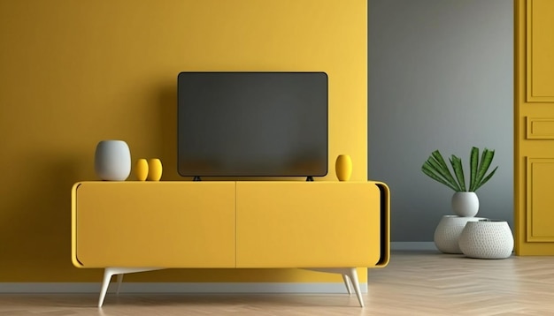 A yellow wall with a tv on it and a plant in the corner.