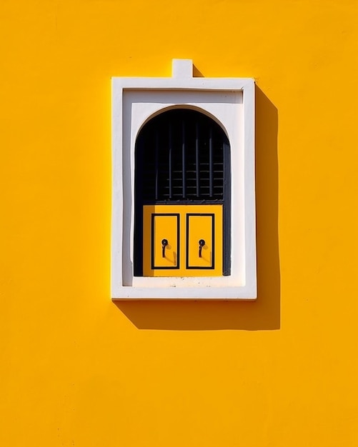 A yellow wall with a window with a black door and a yellow frame