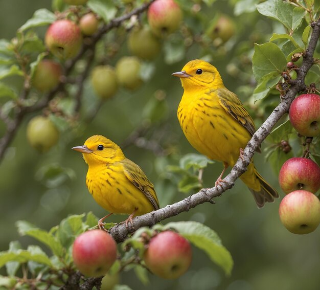 Желтый варблер Carduelis canadensis на ветке с яблоками