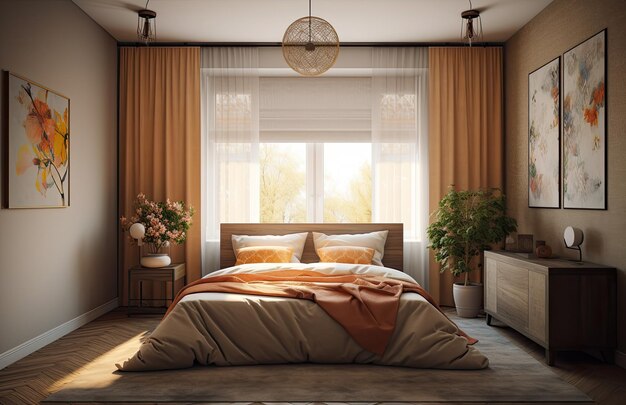 Yellow and warm modern bedroom with neutral wooden interior AI Generative