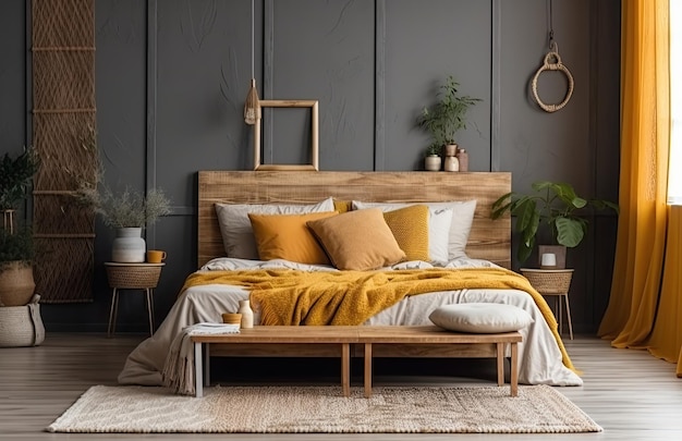 Желтая и теплая современная спальня с нейтральным деревянным интерьером