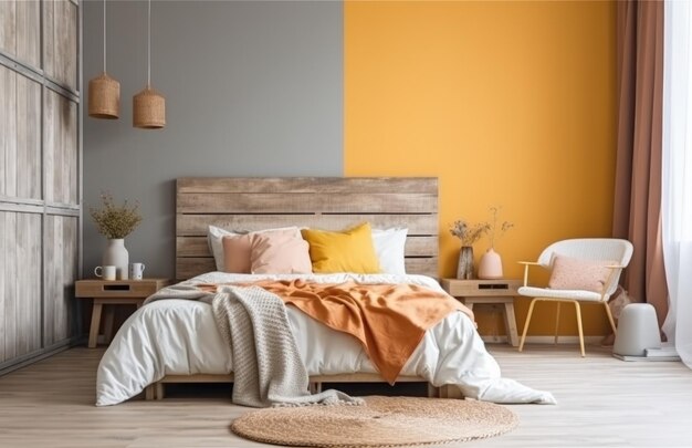 Yellow and warm modern bedroom with neutral wooden interior AI Generative