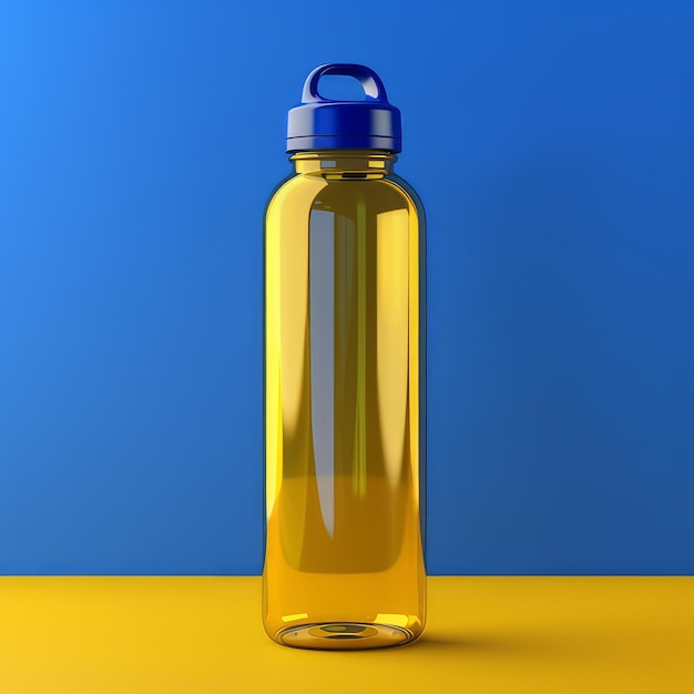 Желтая бутылка с водой на синем фоне и надписью "вода" на ней.