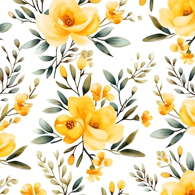 黄色い水彩の花 シームレスなパターンの背景