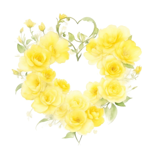 Yellow Watercolor Flowers in Shape of Heart on White Background