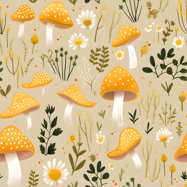 노란색 수채화 버섯 원활한 패턴 벽지 배경 ai 생성