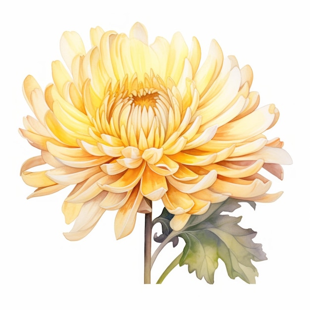 Yellow watercolour chrysanthemum autumn flower illustration on white background