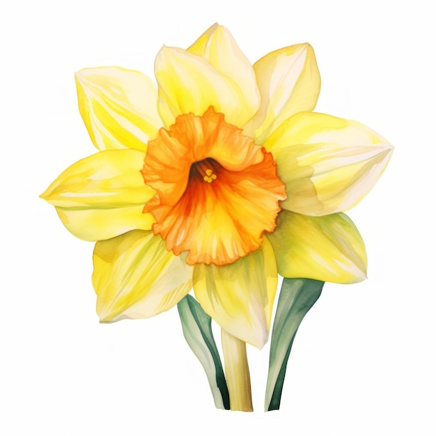 Yellow watercolour daffodil narcissus summer flower illustration on white background