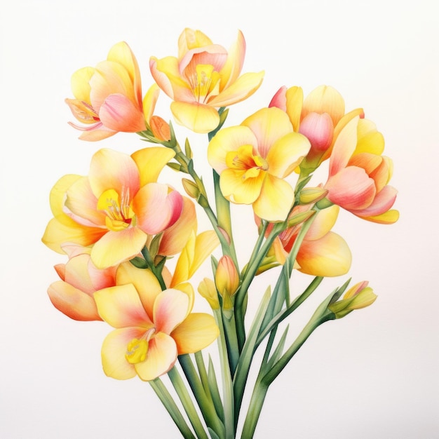 Yellow watercolour freesia summer flower image on white background Floral blossom concept