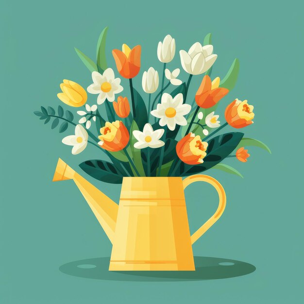 Yellow Watering Can Filled With Flowers on Green Background