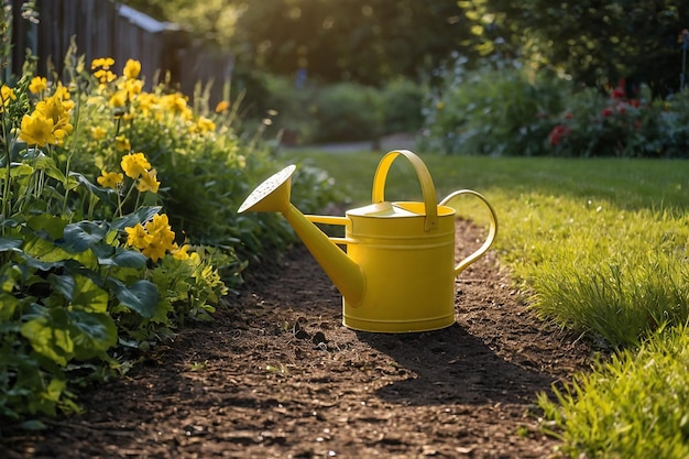 Yellow watering can on the ground in the garden Gardening concept