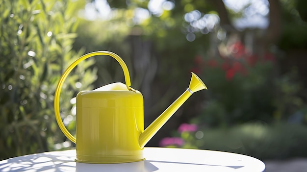 Photo yellow watering can on table in summer garden