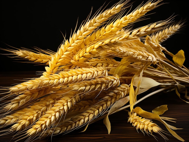 黒い背景に分離された黄色の小麦の穂 小麦粒生成 AI