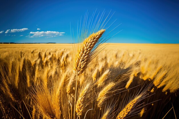 Yellow wheat in a ripe cereal field against a blue sky while it is being harvested