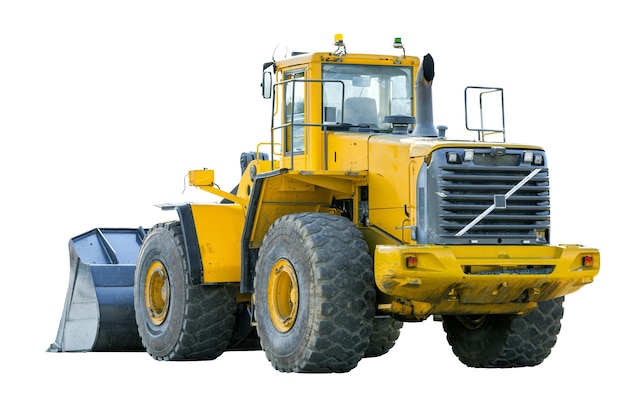 Yellow wheel loader back view isolated on white background