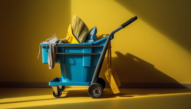 A yellow wheelbarrow carrying a cardboard box indoors for delivery generated by ai