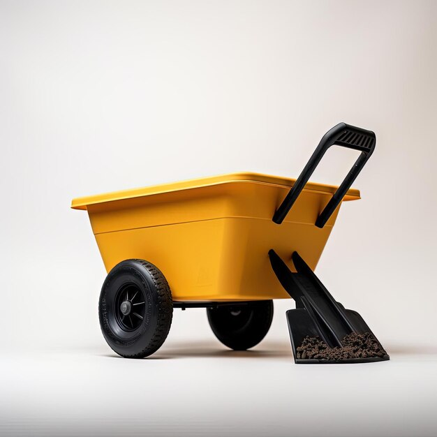 Photo yellow wheelbarrow with black wheels next to a white background