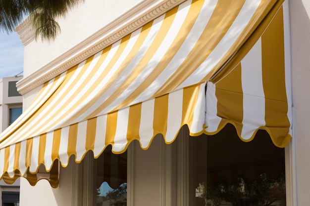 Foto a yellow and white awning with a white and yellow striped awning.