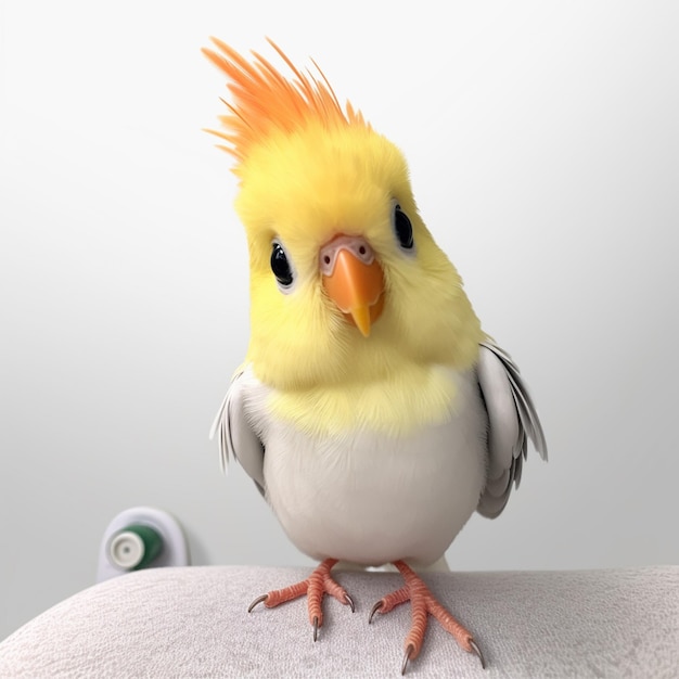 A yellow and white bird with an orange mohawk sits on a white object.