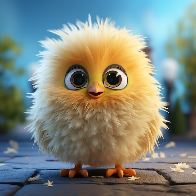 a yellow white and blue bird of fluffy and soft and funny smiling with very big eyes