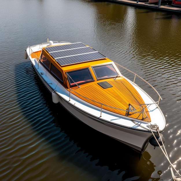 a yellow and white boat with a solar panel on the roof.