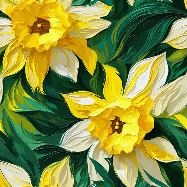 Yellow and white daffodils are in a field of green leaves generative ai